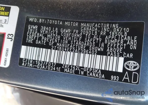 2010 Toyota Corolla S from USA, damaged, VIN 2T1BU4EE2AC396402